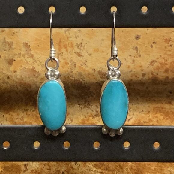 Vintage Sterling Silver and Turquoise Oval Shape Dangle Earrings - Picture 2 of 7